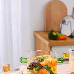 Ciotola per noodles istantanei in vetro borosilicato resistente al calore, pentola per stufati riscaldabile con coperchio, pentola per zuppa in vetro colorato con doppio manico. - Product Image 3