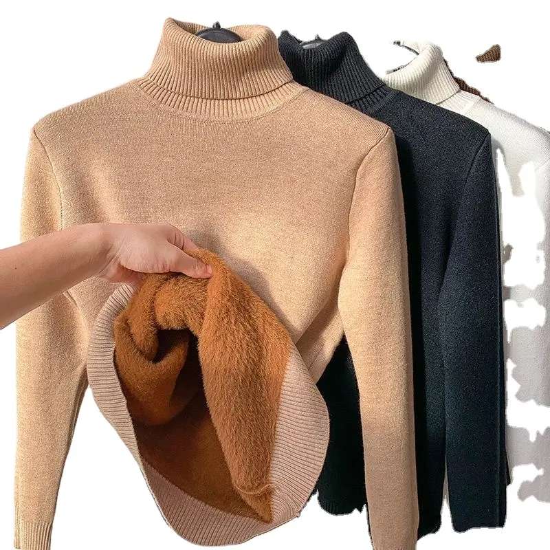 Suéter de cuello alto de invierno para mujer, jerséis de punto con forro polar para mantener el calor, jerséis de punto ajustados básicos de terciopelo a la moda coreana, Tops