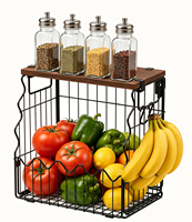 Panier de rangement en fil métallique avec couvercle en bois, organisateur de comptoir de cuisine à ouverture frontale pour épices, dosettes de café, garde-manger