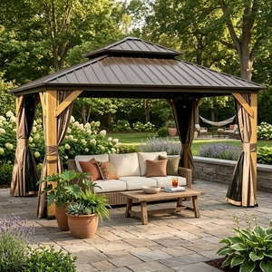 Gazebo de jardin en métal à double toit de qualité supérieure, finition bois, gazebo de patio en <span class=keywords><strong>aluminium</strong></span> avec rideau d'intimité - Product Image 2