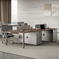 Bureau en bois massif en forme de L pour bureau commercial, poste de travail moderne 2/4 places avec serrure et tiroir, ensemble de chaises pour usage hospitalier
