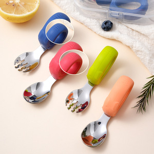 Gran oferta, lindo mango de silicona, cubiertos de acero inoxidable 304, cuchara de entrenamiento <span class=keywords><strong>para</strong></span> bebés, tenedor, juego de cubiertos <span class=keywords><strong>para</strong></span> niños - Product Image 3
