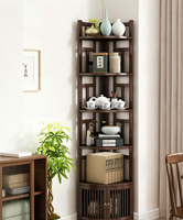 Étagère d'angle autoportante en bambou avec porte de placard, étagère de rangement multi-niveaux pour le coin mural du salon