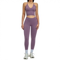 Set Yoga Solid Seamless Custom Logo, Pakaian Fitness Cantik dengan Desain Punggung Terbuka, Elastis Tinggi untuk Lari dan Olahraga, Set 2-Piece Wanita