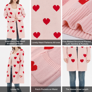 Vente en gros Pull cardigan long en tricot pour la Saint-<span class=keywords><strong>Valentin</strong></span> Coupe ample Col V Pulls pour femmes à motifs de cœurs pour la Saint-<span class=keywords><strong>Valentin</strong></span> - Product Image 3