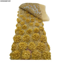 Tissu en dentelle de tulle bleu 3D avec fleurs de roses, perles et sequins, broderie florale de luxe, dentelle française perlée pour robe de mariée ou de soirée