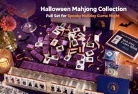 Jeu de Mahjong d'Halloween : Tuiles à dos violettes, motifs Sorcière, Chat, Citrouille, Gothique, Maison Hantée, Tuiles à thème vent, Cadeau de jeu de société, Tuiles de Mahjong Américaines