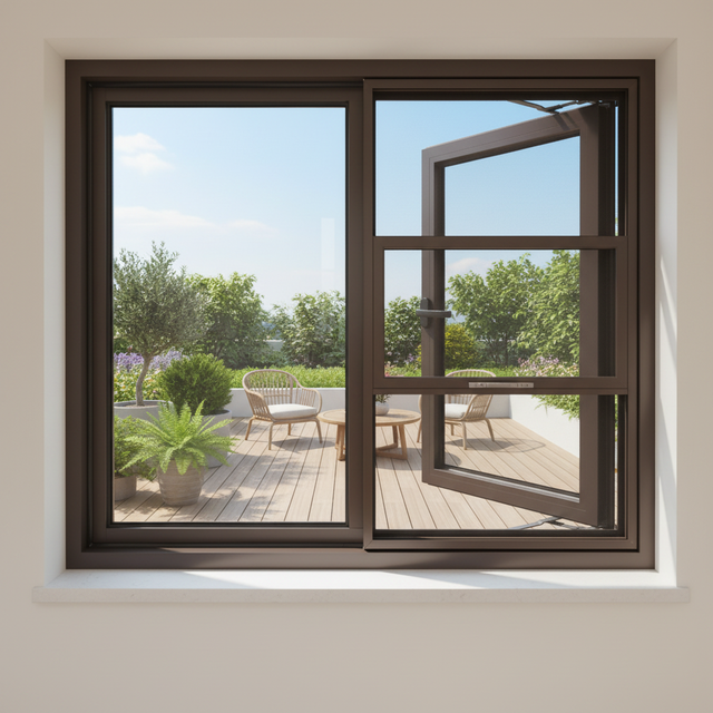Modern Terrace Outward Opening Casement Window Aluminum Alloy Frame With Security Screen Adjustable Ventilation Soundproof
