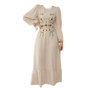 Robe longue bohème brodée florale à manches longues, coupe droite, col en V, taille empire, en polyester/coton, décontractée pour le printemps - Product Image 1
