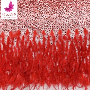 HY1339 <span class=keywords><strong>Tessuto</strong></span> in <span class=keywords><strong>Tulle</strong></span> <span class=keywords><strong>Rosso</strong></span> con Piume e Paillettes Lucide, Ricamo in Rete con Perline per Collezioni di Moda - Product Image 5