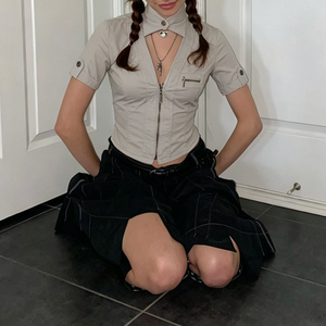 Street Style Vintage Stand Collar <b>Patchwork</b> Hollow Out Cargo <b>Shirt</b> Zipper Cardigan Casual Short Sleeve - Product Image 4