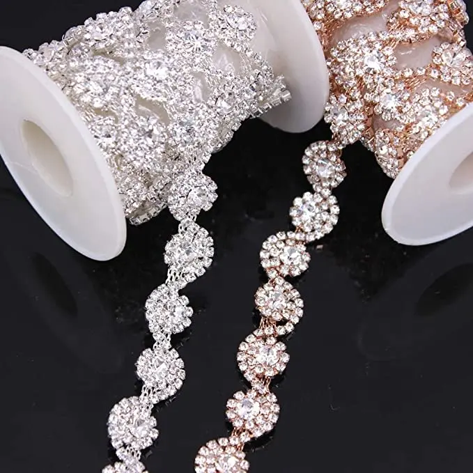 Cadena de diamante Custom shiny mewah logam berlian imitasi rantai pemangkasan untuk gaun kristal berlian imitasi applique