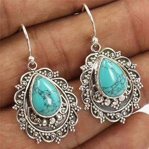Pendientes Colgantes Vintage E4027 con Turquesa y Engaste de Plata Antigua, Joyería para Uso Diario de Mujer - Product Image 3