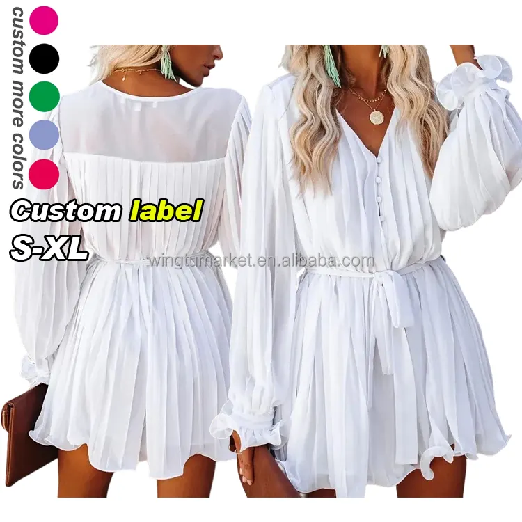 Custom Mini Summer Pleated Dresses Women Lady Elegant Lace Up V Neck Long Sleeve Ruffle White Chiffon Dress Lady