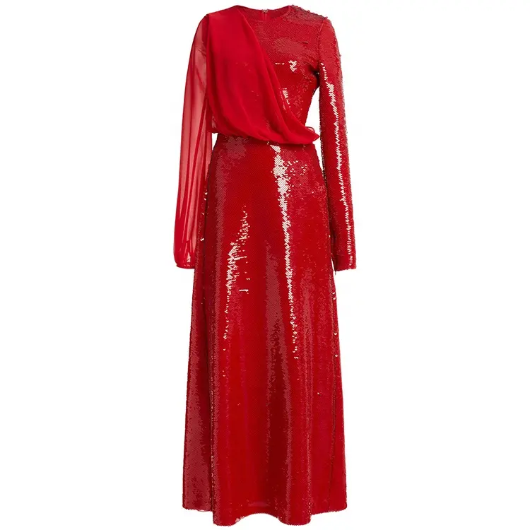 Red Sequin Long Sleeve Custom Designer Plus size Tailored Invisible Zipper Fashion Winter Fall Evening Gown Party Prom Dresses