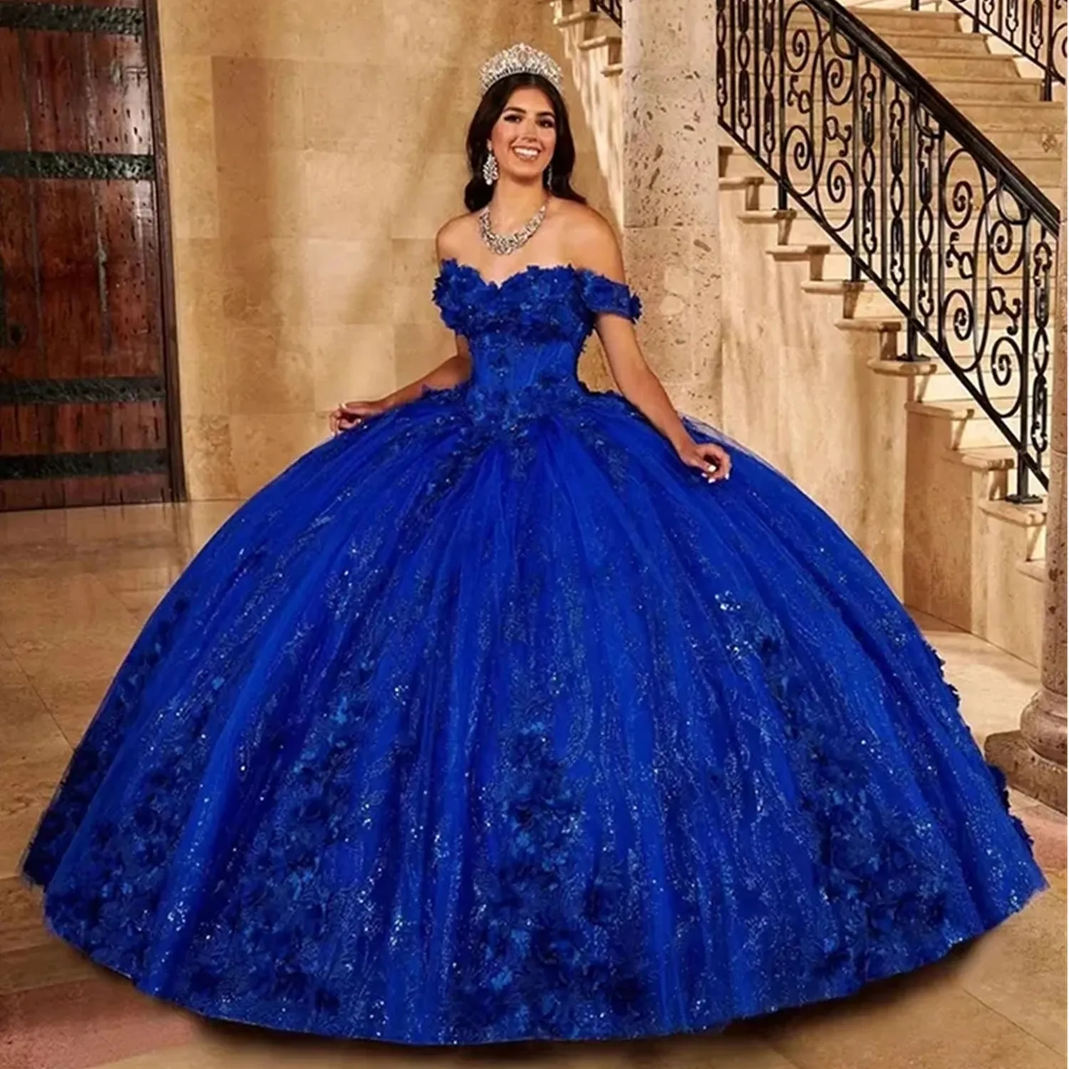 blue dress for 18th birthday Quinceanera Dress Blue Organza Bll Gown With Train – Tulle Lux Bridal  Company main image 1