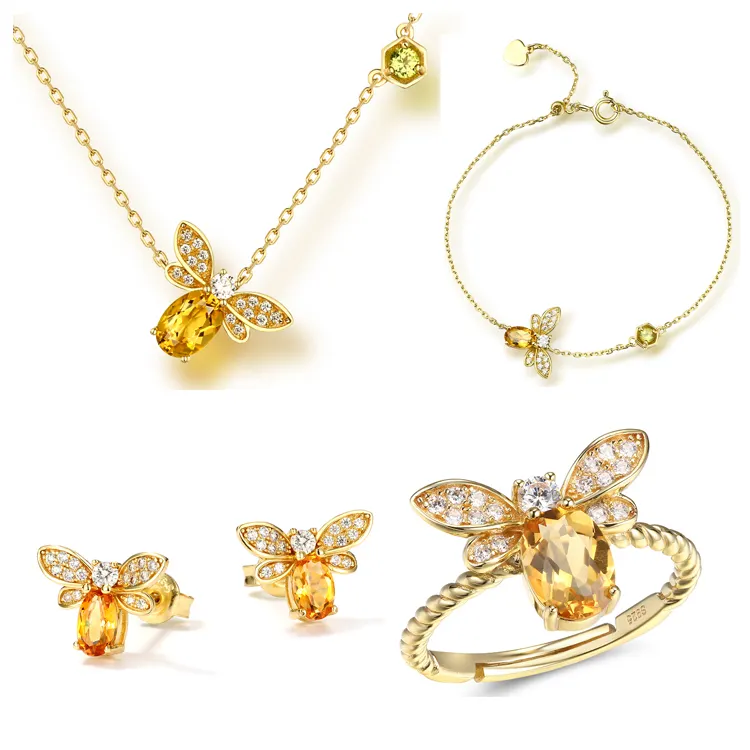 Bijoux abeille en citrine pour femmes, pierres précieuses, bijoux en or fin, italien