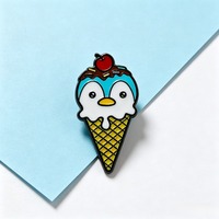 Broche en alliage de zinc émaillé motif pingouin mignon et crème glacée, épinglette motif cône de gaufre cerise de dessin animé, bijou décoratif pour sac à dos et vêtements, cadeau