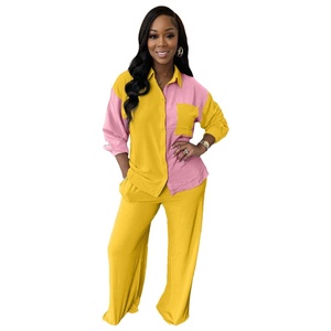 Two-Piece Casual Set Long Spring Autumn Color Matching Pocket Shirt Solid Pattern <b>Top</b> 100% Polyester Eco-Friendly Loose Fit - Product Image 5