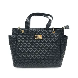 wholesale lady custom tote bag fashion coco style quilted black pu leather handbag