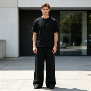 Ensemble homme 450g très vendu, t-shirt col rond gaufré et pantalon jogger, ensemble deux pièces été 100% coton couleur unie pour homme - Product Image 1