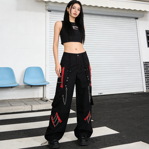 Pantalones Anchos Retro Americanos para Mujer con Detalles de Cadena y Ojales, Bloques de Color y Rayas, Estilo Casual - Product Image 4