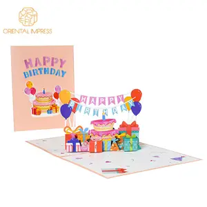 彩色气球生日蛋糕3D弹出卡带信封生日快乐卡