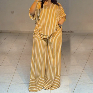 GX2391 Boutique Fashion 2025 Damen bekleidung Boutique Street Wear Kurzarm-Hemd mit gestreiftem V-Ausschnitt und Hose mit weitem Bein 2-teiliges Set - Product Image 1