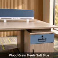 Bureau de travail modulaire compact pour deux personnes avec cloison de séparation bleue et unité de rangement latérale pour petit espace de travail