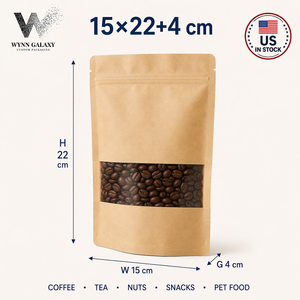Muestra gratuita en stock en EE. UU. Bolsa pequeña de papel kraft con ventana y cierre hermético de 15*22*4cm (6*8.7*1.6in) para envasado de té, café, frutos secos y alimentos. - Product Image 1
