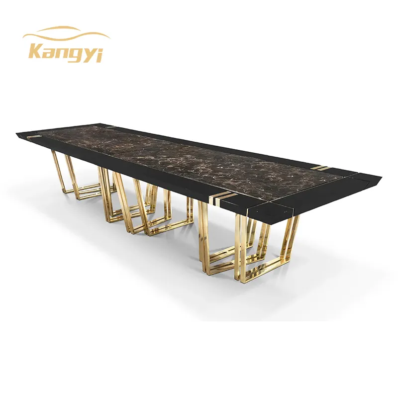 Villa super large dining table with 18 seats gold stainless steel legs long table marble or glass top brand furniture
