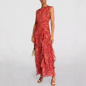Vestido de Noche Largo Asimétrico con Estampado de Gasa y Cuello en V, Cintura Imperio y Capa Transparente para Mujer - Product Image 1