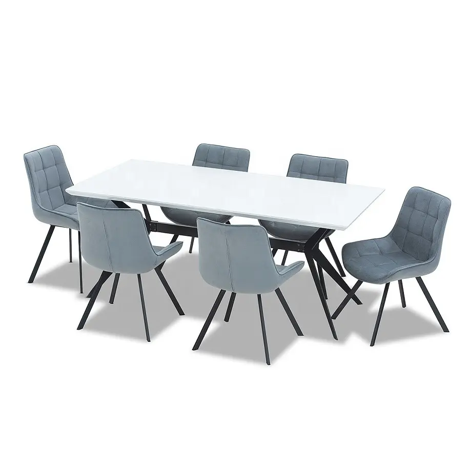 Patas de tubo de Metal para muebles de interior, mesa de comedor con 8 sillas, acabado de pintura de alto brillo, blanco, madera MDF, nuevo diseño