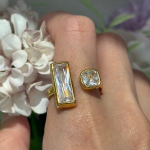 <span class=keywords><strong>Bague</strong></span> en acier inoxydable plaqué or 18 carats Bijoux Big Shiny Cubic Zirconia Geometric Open-Back Ring for Women - Product Image 2