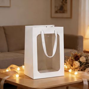 Bolsas de Papel Portátiles con Ventana de Plástico Ecológicas con Logotipo Impreso Personalizado, Asas para Bolsas de Regalo Promocionales, Bolsas Blancas Transparentes - Product Image 5