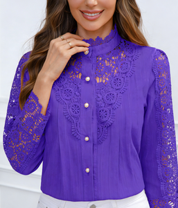 Camisa de Punto de Algodón con Encaje para Mujer, Primavera/Verano 2026, Estilo Casual para Oficina, Manga Larga, Corte Regular, Georgia, En Stock - Product Image 1