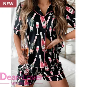 Dear-Lover vente en gros hiver haute qualité léopard contraste poche été satin soyeux 2 pièces ensemble femme pyjamas