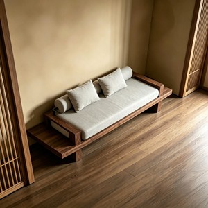 Divano a Due Posti in Legno Massello Stile Wabi-Sabi con Rivestimento in Cotone e Lino Rimovibile e Lavabile per Villa, Hotel, Piccolo Appartamento, Caffè, Sala da Pranzo, Bar - Product Image 4