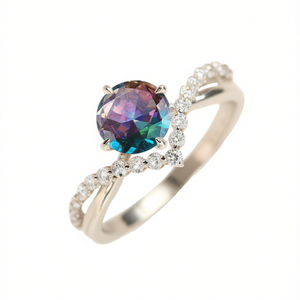 Anello di fidanzamento colorato con zirconi cubici per donna, pietra rotonda creato in laboratorio con montatura a griffe e dettagli in diamante, H317 Fashion - Product Image 1