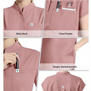 Ensemble de tenue médicale pour femmes, hauts à manches courtes col en V, pantalon de jogging avec poches, uniforme d'infirmière extensible, vêtements de travail d'hôpital, polyester peigné - Product Image 4
