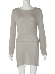 Vestido ajustado de manga larga con espalda descubierta, color liso y textura acanalada, estilo sexy, novedad de otoño para mujer. - Product Image 4