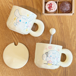 Cute Cartoon Ceramic <b>Mug</b> With Lid And Spoon For Girls Breakfast Office Drinkware Gift Set - Product Image 1