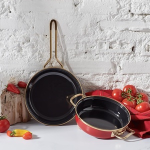 Ensemble de casseroles rétro classiques en émail rouge, poêle à frire avec revêtement à induction, 24 <span class=keywords><strong>cm</strong></span>, en acier au carbone <span class=keywords><strong>émaillé</strong></span>, compatible four et lave-vaisselle - Product Image 3