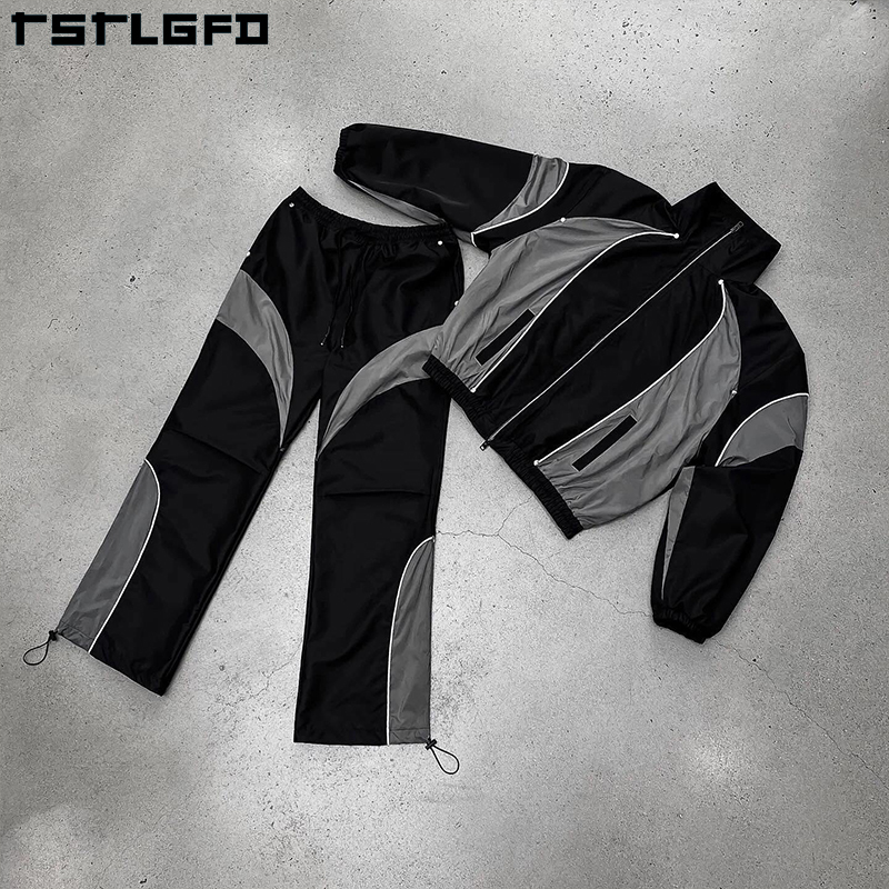 Custom Cotton Streetwear Gym Wear Windbreaker Jacket for Men Summer Set Sports Jogging Wear Splicing Patchwork Tracksuit Men · image 1