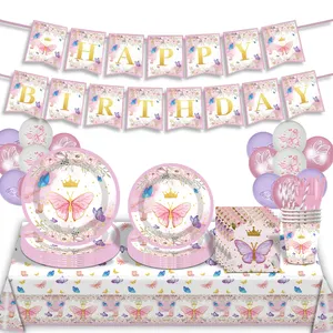 Ensemble Vaisselle de fête à thème floral papillon rose rêveuse pour bébé fille, couverts, banderoles, vaisselle, décorations d'anniversaire pour bébé