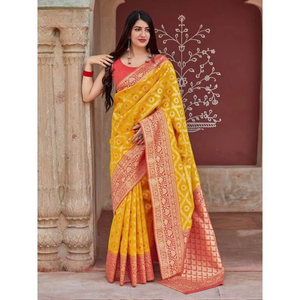 Traditional Yellow Banarasi <b>Silk</b> Saree With <b>Red</b> Zari Woven Border And Pallu For Women For Wedding Party Wear & Festive Occasions - Product Image 1