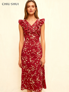 时尚女性经典碎花无袖Midi连衣裙优雅v领褶边时尚连衣裙 - Product Image 2