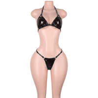 Ensemble de tenues de danse exotique en cuir verni avec découpes métalliques, comprenant des bikinis deux pièces et des soutiens-gorge string, pour femmes adultes, idéal pour les soirées en boîte et les fêtes rave