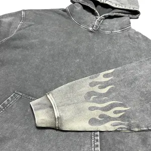 Finch Garment custom flame print heavyweight hoodie acid wash vintage oversized men pullover stone washed hoodies