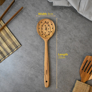 OEM Natural Eco Friendly Siera Teak Wood Skimmer Slotted Spoon Sustainable Food Safe No <b>Paint</b> Halal Customized Turner - Product Image 6